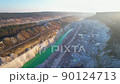 Anthropogenic landscape in open cast. Walking dragline excavator on development chalk open pit. 90124713