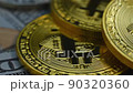 Golden And Silver Bitcoin Money And Dollar Bills. 90320360