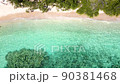 Beautiful 4K tropical beach aerial - a bird's eye view of ocean waves crashing against an empty beach from above 90381468