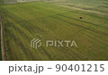 Drone footage of stacks dry hay open air field storage. Haystack on field. Haystacks from residues grass. Haystack for agriculture. Hayrolls after hay round baler tractor. 90401215