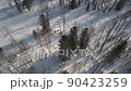 Aerial view of Winter Forest Nature Snow Covered Trees Siberia Landscape evening sunset. Truck driving on road exploring local landscapes, buildings on area surrounded by beautiful coniferous forest 90423259