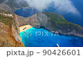 Navagio beach, Zakynthos Island, Greece. Aerial landscape. Rocks and sea from the drone.  90426601
