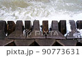 Waves hitting the breakwater concrete tetrapods 90773631
