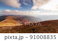 Carpathians, Pylypets, Ukraine. Mountain cloud top view landscape. Timelapse of the Magura-Dzhide mountain range in the Carpathians from the air. Mount Gemba. Shipit Karpat. 91008835