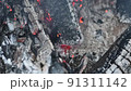 Oak firewood in the smokehouse, close-up view. The process of smoking meat 91311142