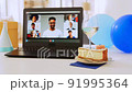 laptop with people having virtual birthday party 91995364
