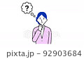 A moving illustration of a woman in a suit saying "?" with a troubled face 92903684