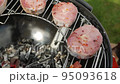 Fish steaks and meat on grill pan shot 95093618