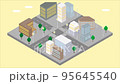 Cityscape isometrics and icons (hearts, radio waves, likes, money) 95645540