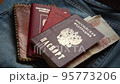 Russian documents and cash money are lying on a stick of things, the man is going to leave Russia. 95773206