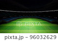 Drone flies over an empty night football stadium panning. 3D render 96032629