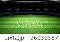 Drone flies over an empty night football stadium panning. 3D render 96039587
