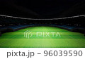 Dolly zoom over an empty night football stadium panning. 3D render 96039590