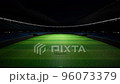 Drone flies over an empty night football stadium panning. 3D render 96073379