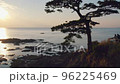 海岸の展望台から景色を眺める人と夕日 96225469