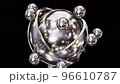 Realistic looping 3D animation of the spinning brushed steel sphere inside of two silver metal hemispheres with silver metallic satellites rendered in UHD with alpha matte 96610787
