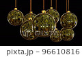 Realistic looping 3D animation of the hanging spinning abstract fancy golden yellow ornament black Christmas baubles rendered in UHD with alpha matte 96610816