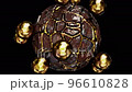 Realistic DOF camera abstract looping 3D animation of the rusty silver metal sphere with gold inclusions and orbiting golden spheres rendered in UHD with alpha matte 96610828