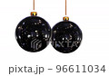 Realistic looping 3D animation of two hanging spinning black frosted glass Christmas baubles rendered in UHD with alpha matte 96611034