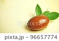 Argan nut with green leaves motion on wooden background.  96657774