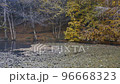 Drone flies over forest lake and mountain 96668323