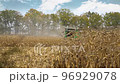 Harvesting machine working in the field. Combine harvester agricultural machine ride in the field of golden ripe corn. 96929078