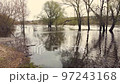 Beautiful spring flood, river overflow, flooded trees, aerial view. 97243168