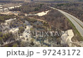 Large-scale flooding of the river, spring flood and flooded fields, aerial view. 97243172