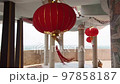Chinese paper lanterns hanging in a temple  97858187