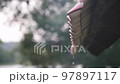 Drops of rainwater Falling from the roof tropical rain Raindrops hanging from a rooftop Rain water 97897117