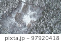 Aerial view of a winter pine forest in snowfall. Top view of snow-covered pine trees. Beautiful winter forest landscape. Coniferous forest panorama. Picturesque northern nature. 97920418