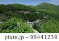 Aerial view of winding road from the high mountain pass. Great road trip trough the dense woods. Birds eye view. 98441239