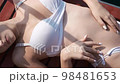 Beautiful young girl in swimming suit lying on wooden deck, relaxing  98481653