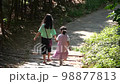 Back view of two girls walking on a small path in the woods 98877813