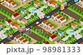 An isometric 3D illustration view of a cottage townhouse bungalow, residential, and villa village is shown. 98981333