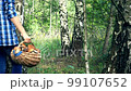 rural woman collect redheads and other mushrooms in the forest. spending free time outdoor. 4K 99107652