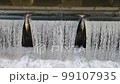 Two doves drinking water from a fountain waterfall. 99107935