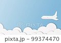 white paper airplane fly to the top left On a light blue background, stop motion, side view. 99374470