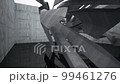 Abstract architectural background. Flying on a concrete minimalistic interior. Futuristic modern space. Hangar with airplanes. Bright neon lighting. 3D animation and rendering. 99461276