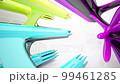 Abstract architectural background. Flying on a white minimalistic interior. Futuristic modern space. Stained glass sculpture. Array of fragments. Bright lighting. 3D animation and rendering. 99461285