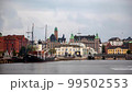 Malmo Downtown cityscape timelapse waterfront with ship at the pier 99502553
