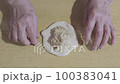 hands of old woman making patty with mashed potatoes close-up on table in home kitchen in country house 100383041