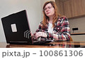 girl at home learns terrible news. girl looking at laptop in surprise 100861306