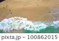 Aerial drone view on clean sandy beach. Shore of Indian Ocean. Blue waves fall on shore. Copy space for text. Nature and travel background. Concept of traveling for summer holidays. Waves and sand. 100862015
