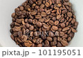 Coffee beans are poured into a bowl. In the video, coffee beans are poured into a white bowl. 101195051