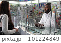 In this professional 4K footage, a male black pharmacist greets and assists a female customer in buying prescription medicine in a drugstore. The video emphasizes customer care by pharmacy staff 101224849