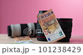 Camera lenses showered in a lot of euro paper money, red studio Background 101238429