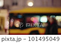 Bokeh city life, cityscape blurred background, urban street illuminated in evening. Bus public transport and people walking in slow motion. Downtown cityscape, illuminate colorful lights near cafe 101495049