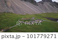 Viking Village Movie Film Set in Iceland. High quality 4k video. Shot on DJI Air 2s Aerial Drone near Hofn, Iceland. 101779271