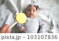 Young dad and baby daughter playing with rattle toy. New father nursing little two month child at home. Baby care and parenthood concept 103107836